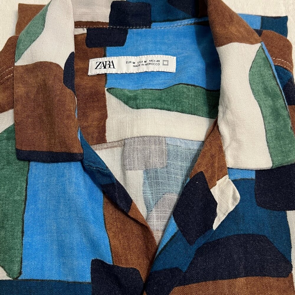 ZARA Men M Abstract Geometric Print Shirt Blue Brown Short Sleeve Camp Collar